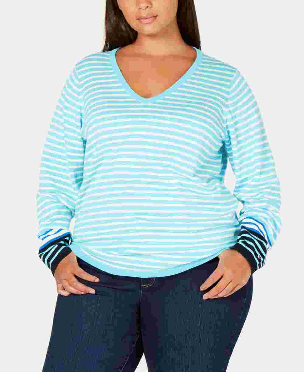 Tommy Hilfiger Women's Plus Size Cotton Striped V-Neck Sweater Blue Size 2X