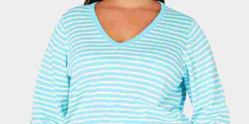 Tommy Hilfiger Women's Plus Size Cotton Striped V-Neck Sweater Blue Size 2X