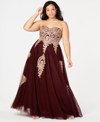 Say Yes To The Prom Women's Trendy Plus Size Embroidered Strapless Gown Dark Purple Size 14W