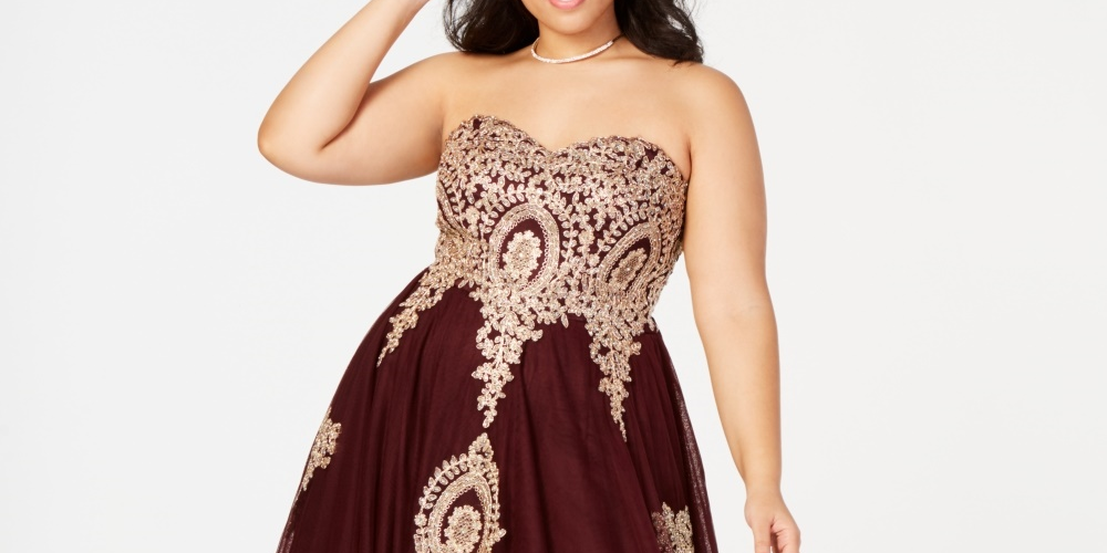 Say Yes To The Prom Women's Trendy Plus Size Embroidered Strapless Gown Dark Purple Size 14W