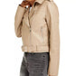 Collection B Junior's  Faux Leather Belted Moto Jacket Beige  Size Medium