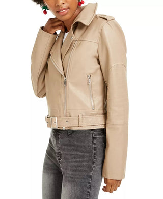 Collection B Junior's  Faux Leather Belted Moto Jacket Beige  Size Medium
