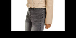 Collection B Junior's  Faux Leather Belted Moto Jacket Beige  Size Medium