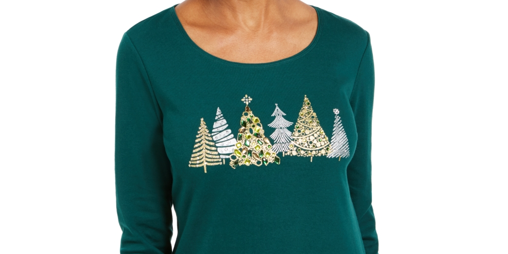 Karen Scott Women's Embellished Long Sleeve T-Shirt Green Size Petite Small