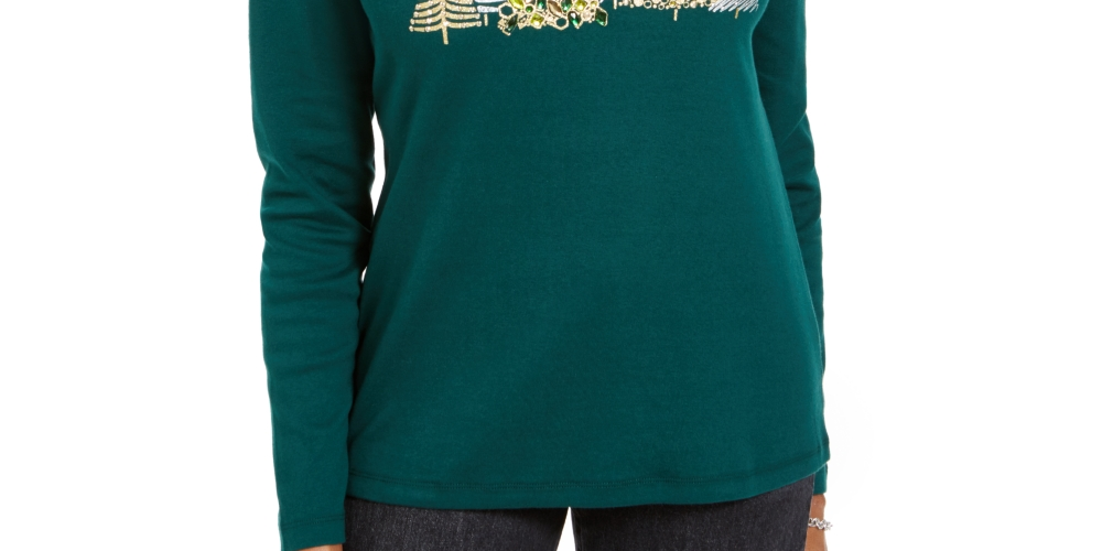 Karen Scott Women's Embellished Long Sleeve T-Shirt Green Size Petite Small