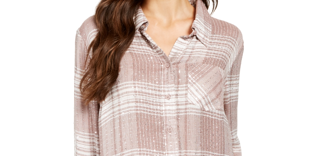 Style & Co Women's Sparkle Plaid Shirt Beige Size X-Small