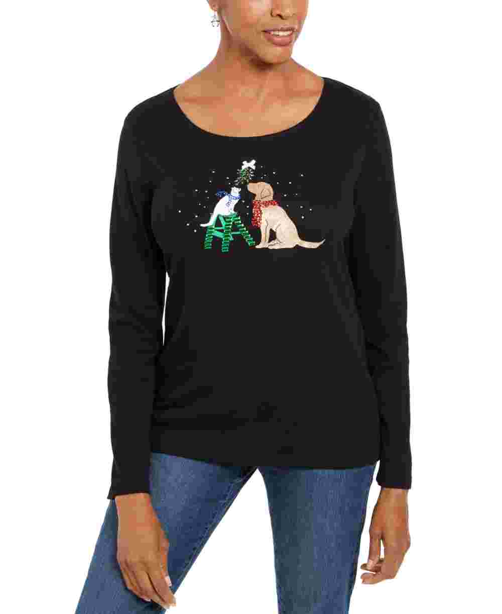 Karen Scott Women's Embellished Holiday Shirt Black Size PSM