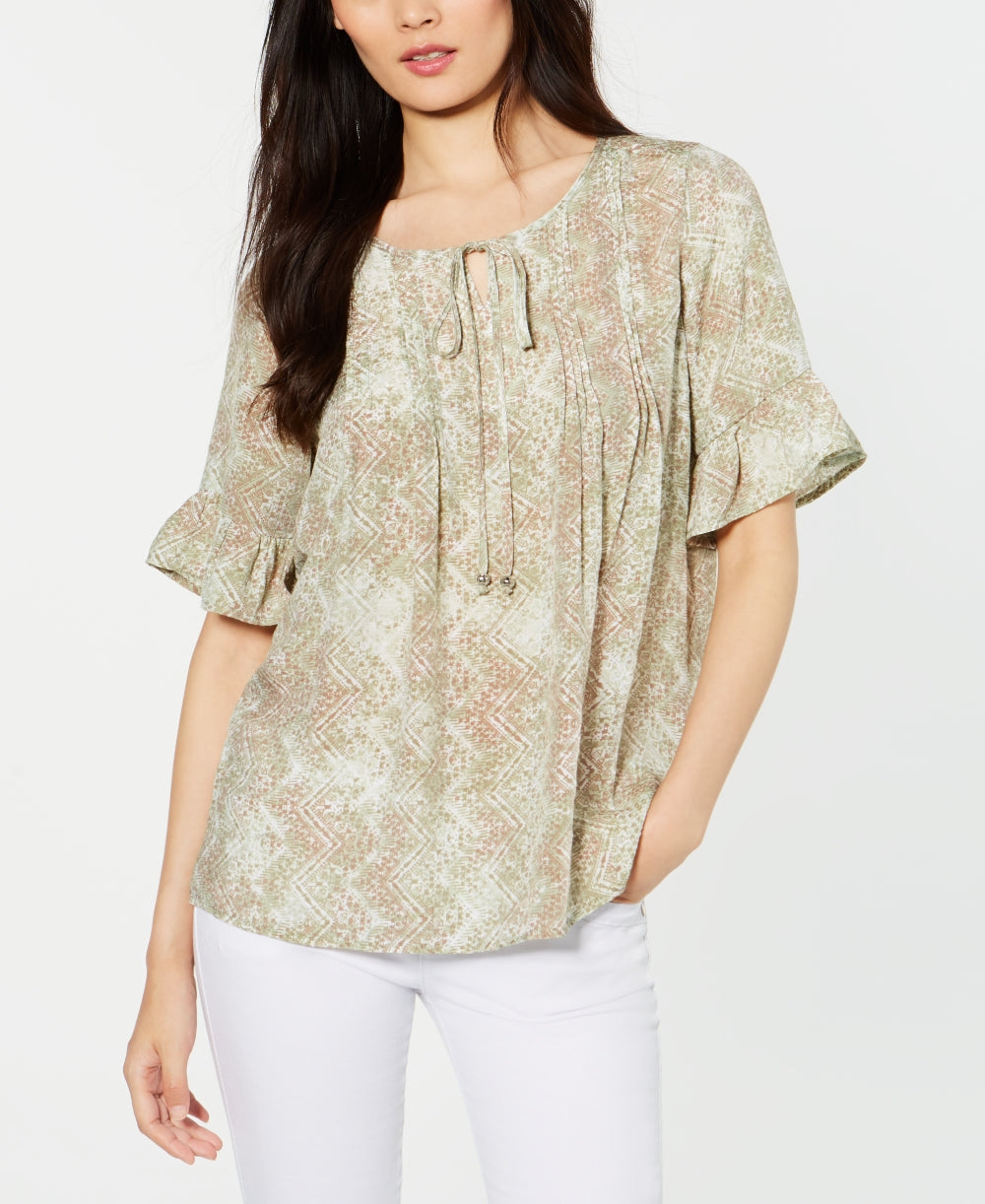 NY Collection Women's Printed Bell Sleeve Top Green Size Petite Medium