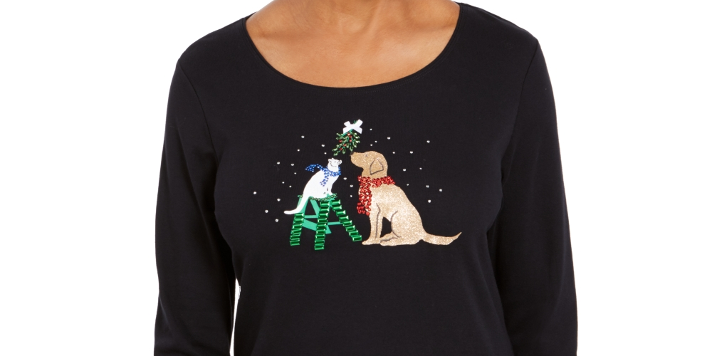 Karen Scott Women's Embellished Holiday Shirt Black Size Petite XL