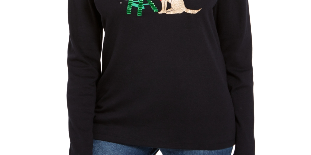 Karen Scott Women's Embellished Holiday Shirt Black Size Petite XL