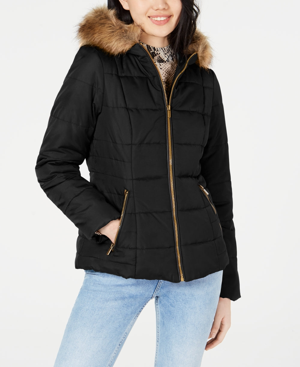 Celebrity Pink Junior's Puffer Coat With Faux Fur Trim Hood Black Size XX-Large