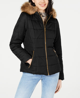 Celebrity Pink Junior's Puffer Coat With Faux Fur Trim Hood Black Size XX-Large