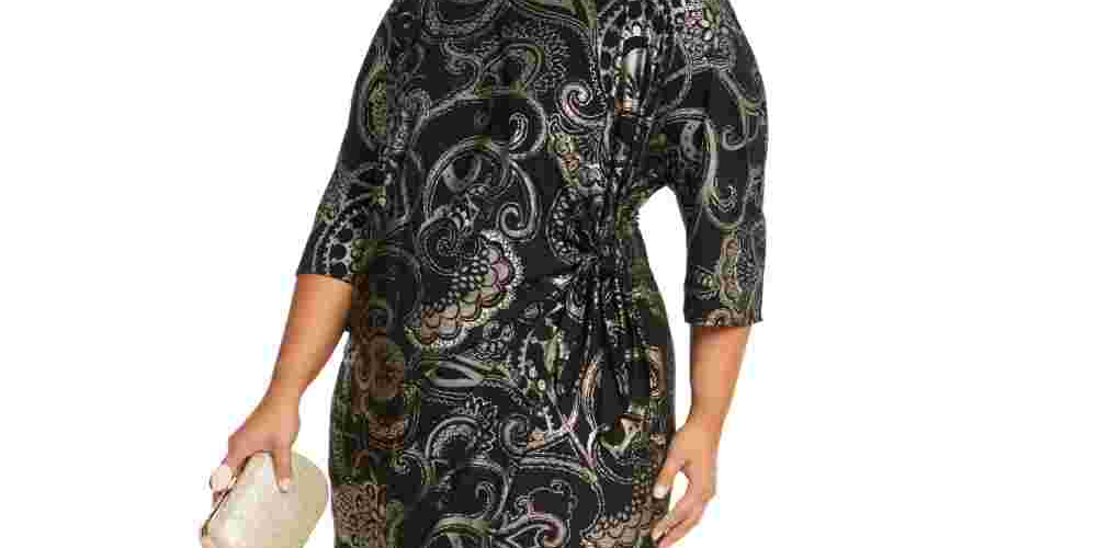 Robbie Bee Women's Plus Foil Print Side Knot Dress Black Size 3X