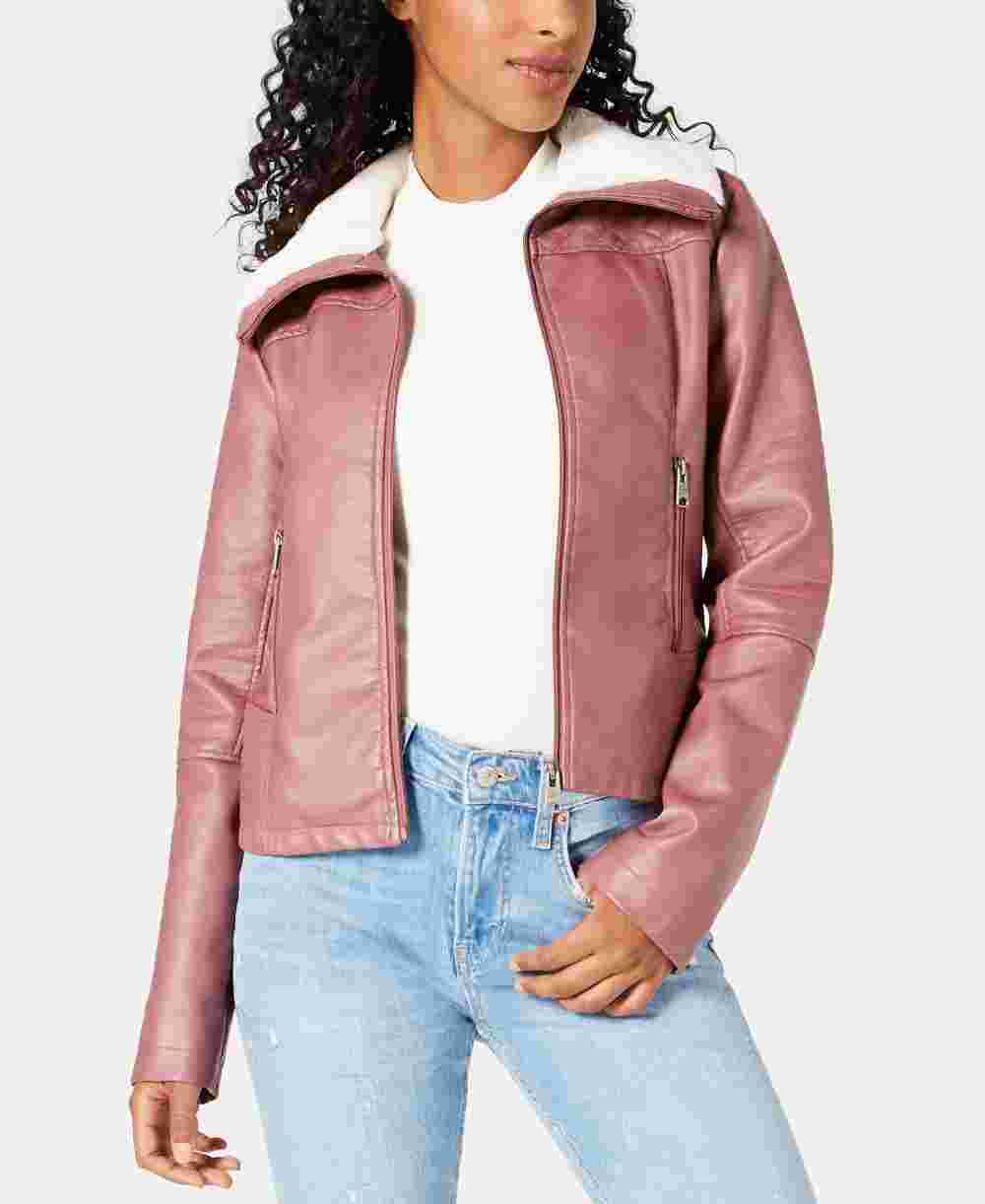 Coffee Shop Women's Faux Fur Collar Faux Leather Jacket Pink Size X-Small