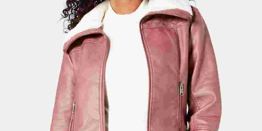 Coffee Shop Women's Faux Fur Collar Faux Leather Jacket Pink Size X-Small