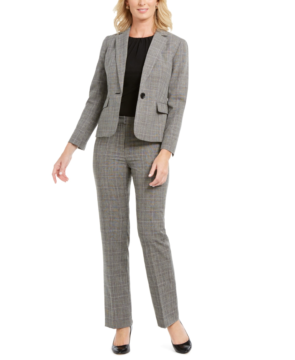 Le Suit Women's Plaid One Button Pant Suit Charcoal Size 2 Petite