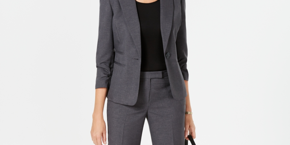 Le Suit Women's Ruched Sleeve One Button Pantsuit Gray Size 12