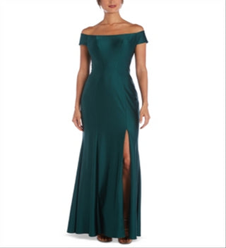Nightway Women's Sateen Off the Shoulder Gown Green Size 10