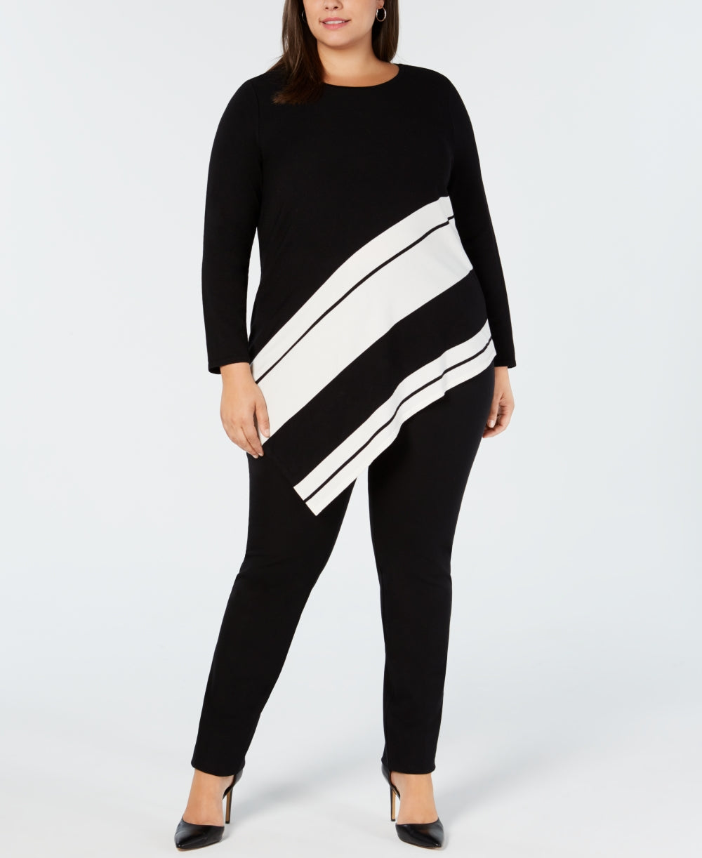 Alfani Women's Plus Asymmetrical Hem Striped Sweater Black Size 4X