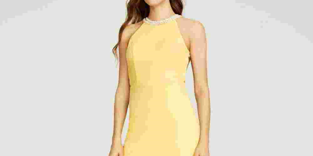 Speechless Junior's Beaded Strappy Back Halter Gown Yellow Size 11