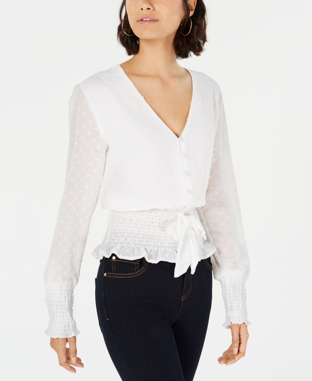 Q & A Women's Smocked Tie Front Blouse White Size Large