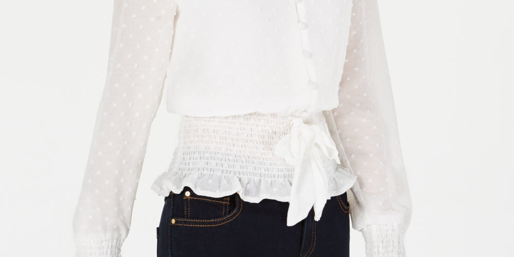 Q & A Women's Smocked Tie Front Blouse White Size Large