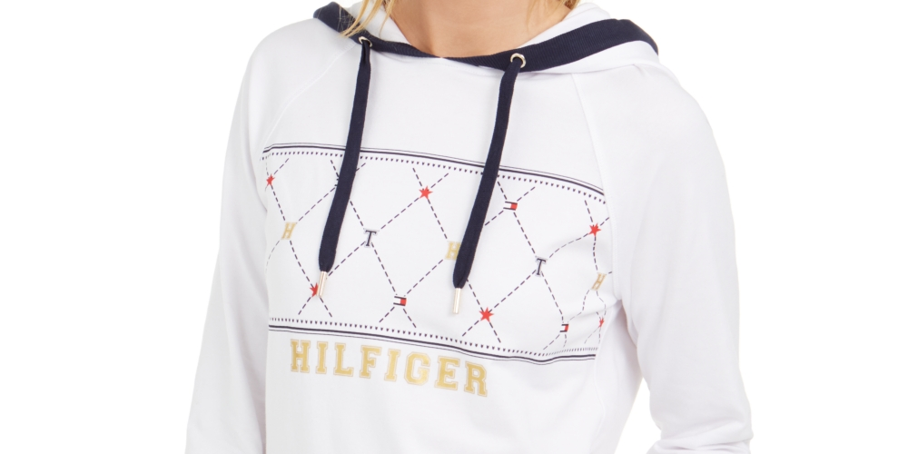 Tommy Hilfiger Women's Sport Argyle Panel Hoodie White Size X-Small