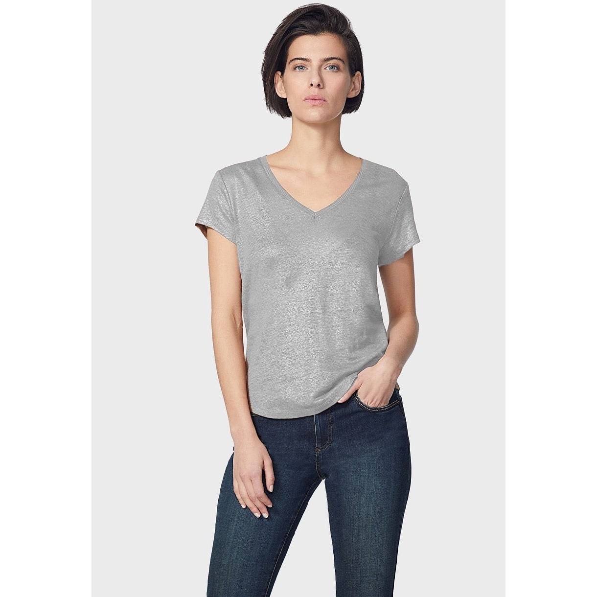 IKKS Women's V neck Linen T-shirt Gray Size X-Small
