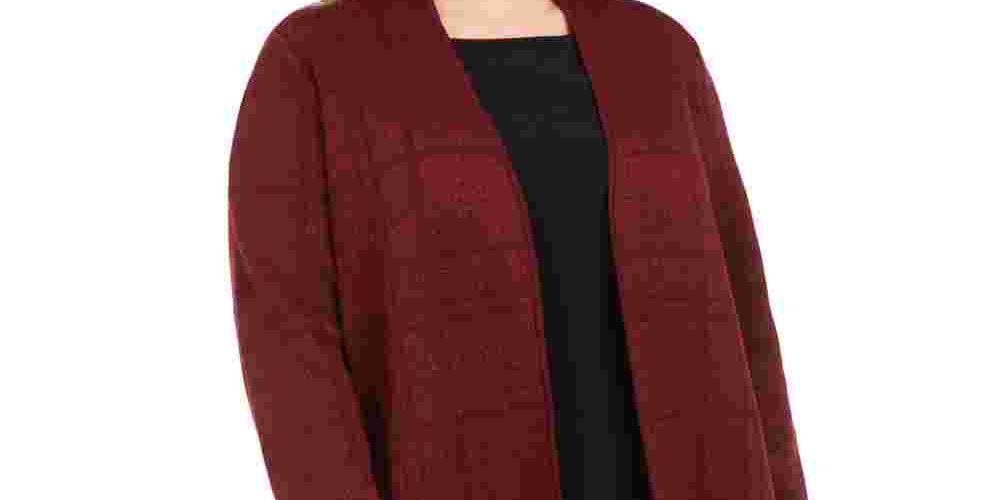 Kasper Women's Printed Long Sleeve Open Cardigan T-Shirt Top Wine Size 1X