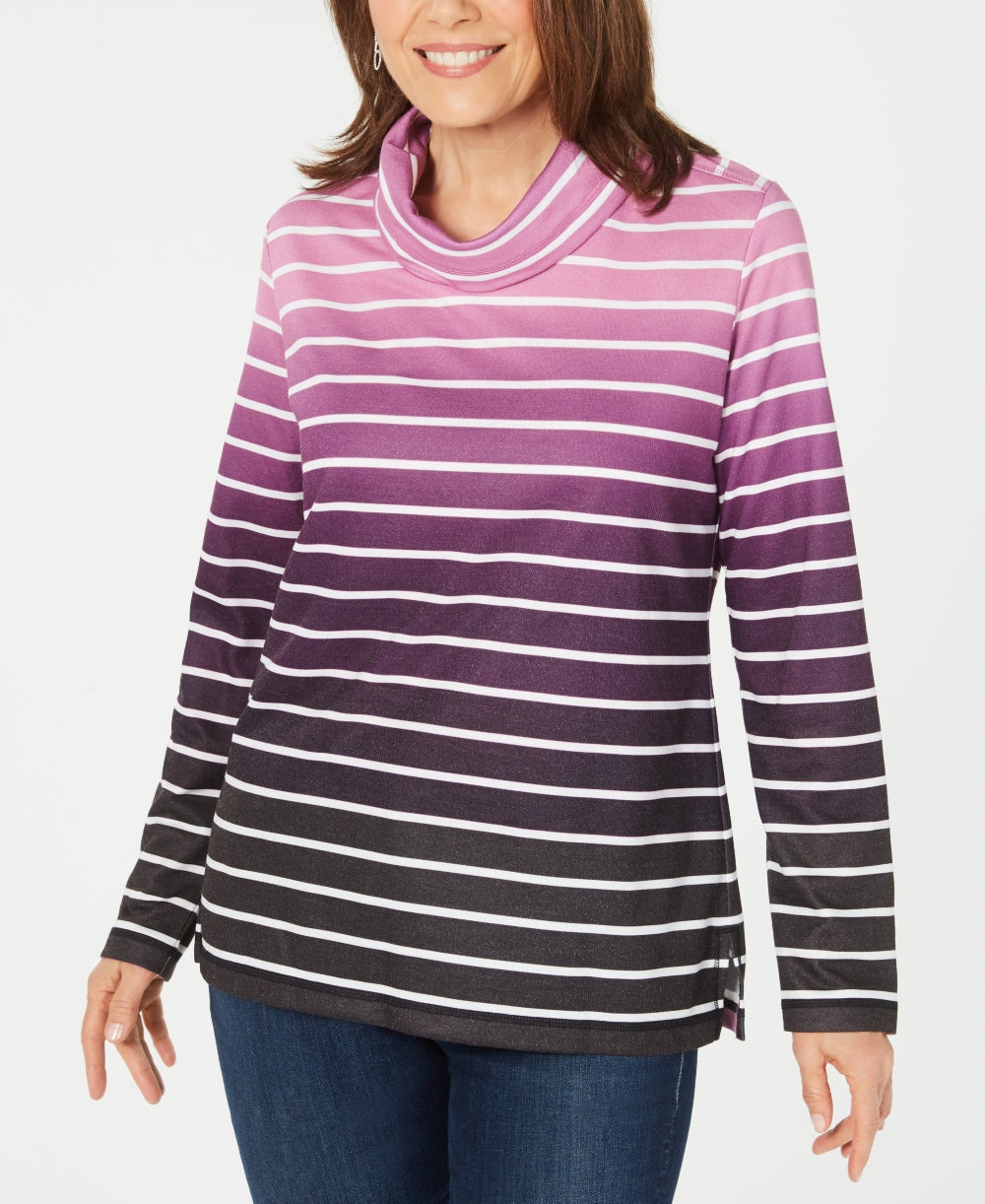 Karen Scott Women's Sport Ombre Striped Cowlneck Top Purple Size Medium