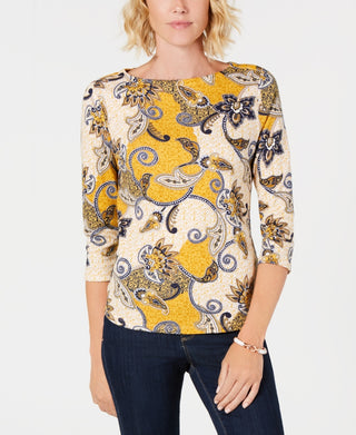Charter Club Women's Cotton Paisley Print Button Shoulder Top  Gold Size Petite Medium