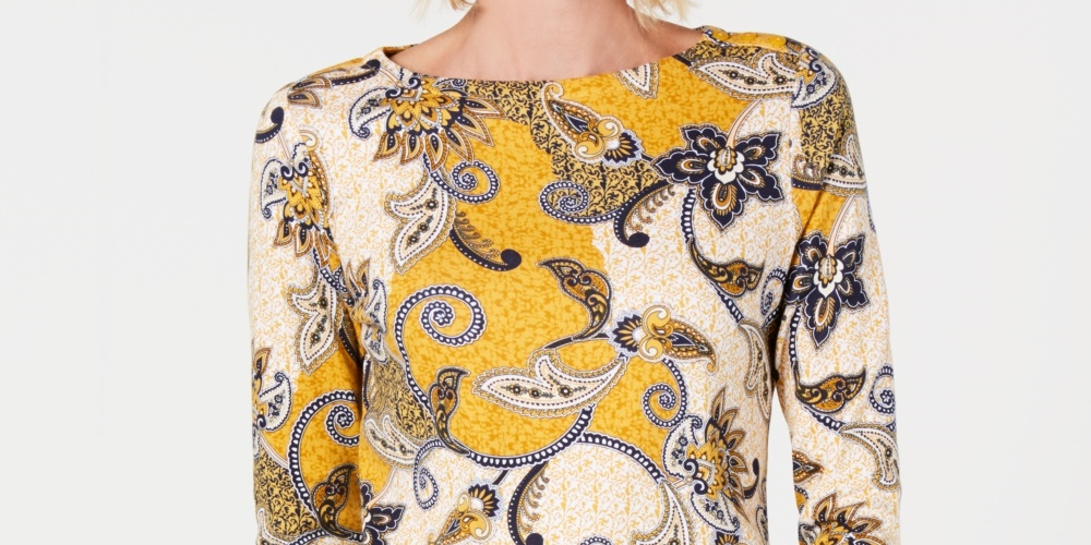 Charter Club Women's Cotton Paisley Print Button Shoulder Top  Gold Size Petite Medium