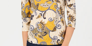Charter Club Women's Cotton Paisley Print Button Shoulder Top  Gold Size Petite Medium