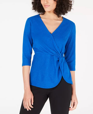 Alfani Women's Twist Side Faux Wrap Top Blue Size Petite Medium