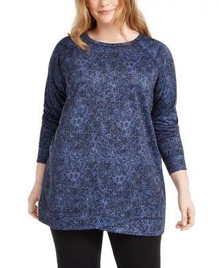 Ideology Women's Plus Printed Crossover Hem Top Blue Size 2X