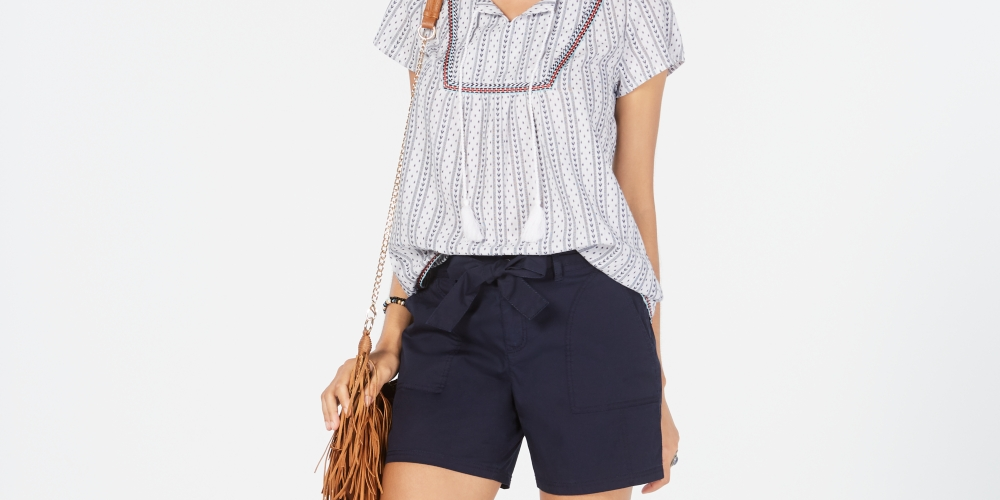 Style & Co Women's Tie Belt Cotton Shorts Blue Size 10