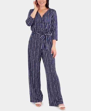 NY Collection Women's Striped Belted Jumpsuit BlueSize Petite Medium