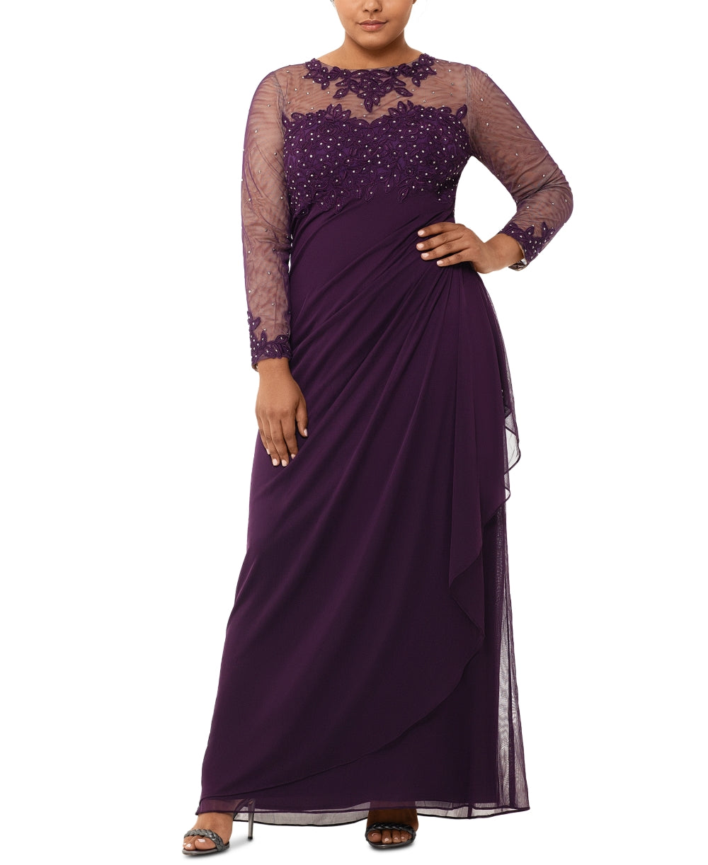 Xscape Women's Plus Embellished Illusion Long Sleeve Ruched Gown Purple Size 22W