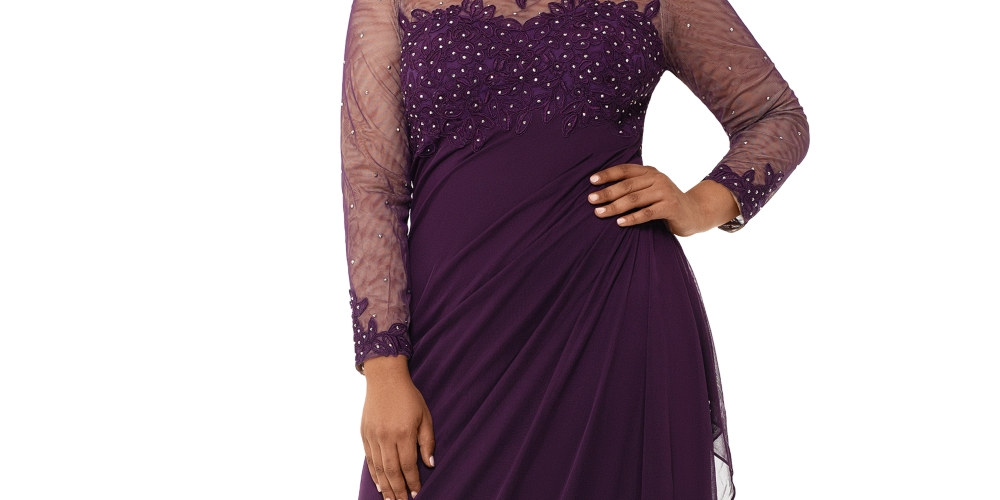 Xscape Women's Plus Embellished Illusion Long Sleeve Ruched Gown Purple Size 22W
