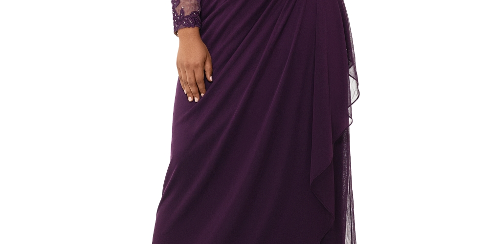 Xscape Women's Plus Embellished Illusion Long Sleeve Ruched Gown Purple Size 22W