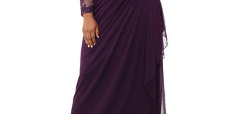 Xscape Women's Plus Embellished Illusion Long Sleeve Ruched Gown Purple Size 22W