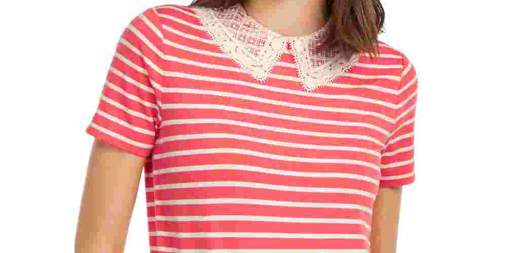 Maison Jules Women's Striped Lace Collar Top Orange Size X-Small