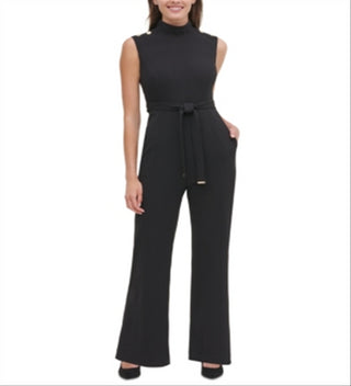 Tommy Hilfiger Women's Belted Zippered Sleeveless Mock Wide Leg Party Jumpsuit Black Size 10