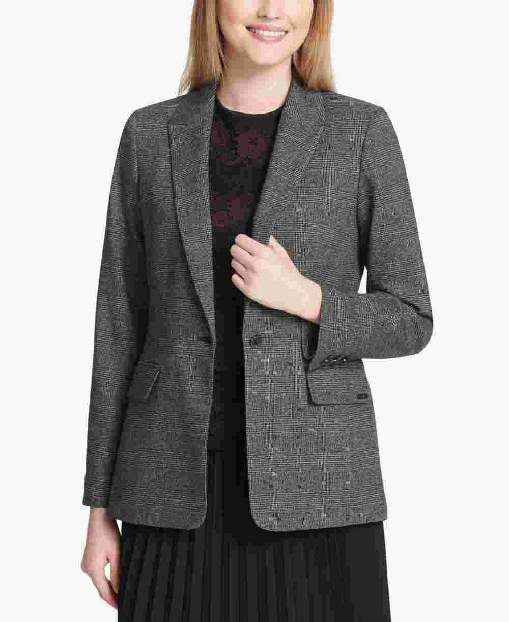 Calvin Klein Women's One Button Plaid Blazer Gray Size 12