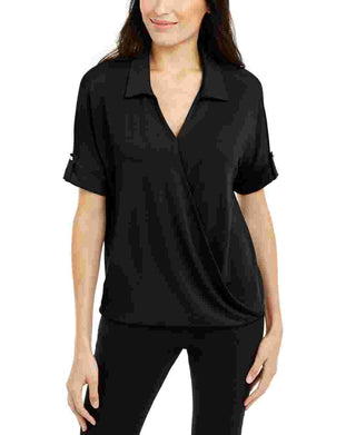 Alfani Women's Cuffed Sleeve Short Sleeve Collared Top Black Size Petite Small