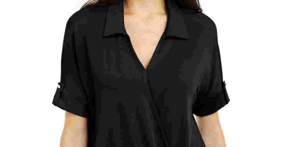 Alfani Women's Cuffed Sleeve Short Sleeve Collared Top Black Size Petite Small