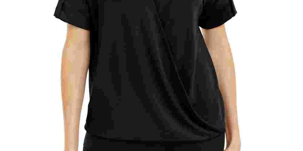 Alfani Women's Cuffed Sleeve Short Sleeve Collared Top Black Size Petite Small