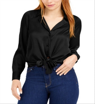 Bar III Women's Tie Front Satin Top Black Size XL