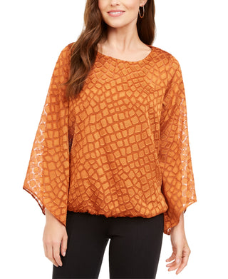 Alfani Women's Bubble Layered Look Bell Sleeve Scoop Neck Wear To Work Blouse Brown Size Petite Small