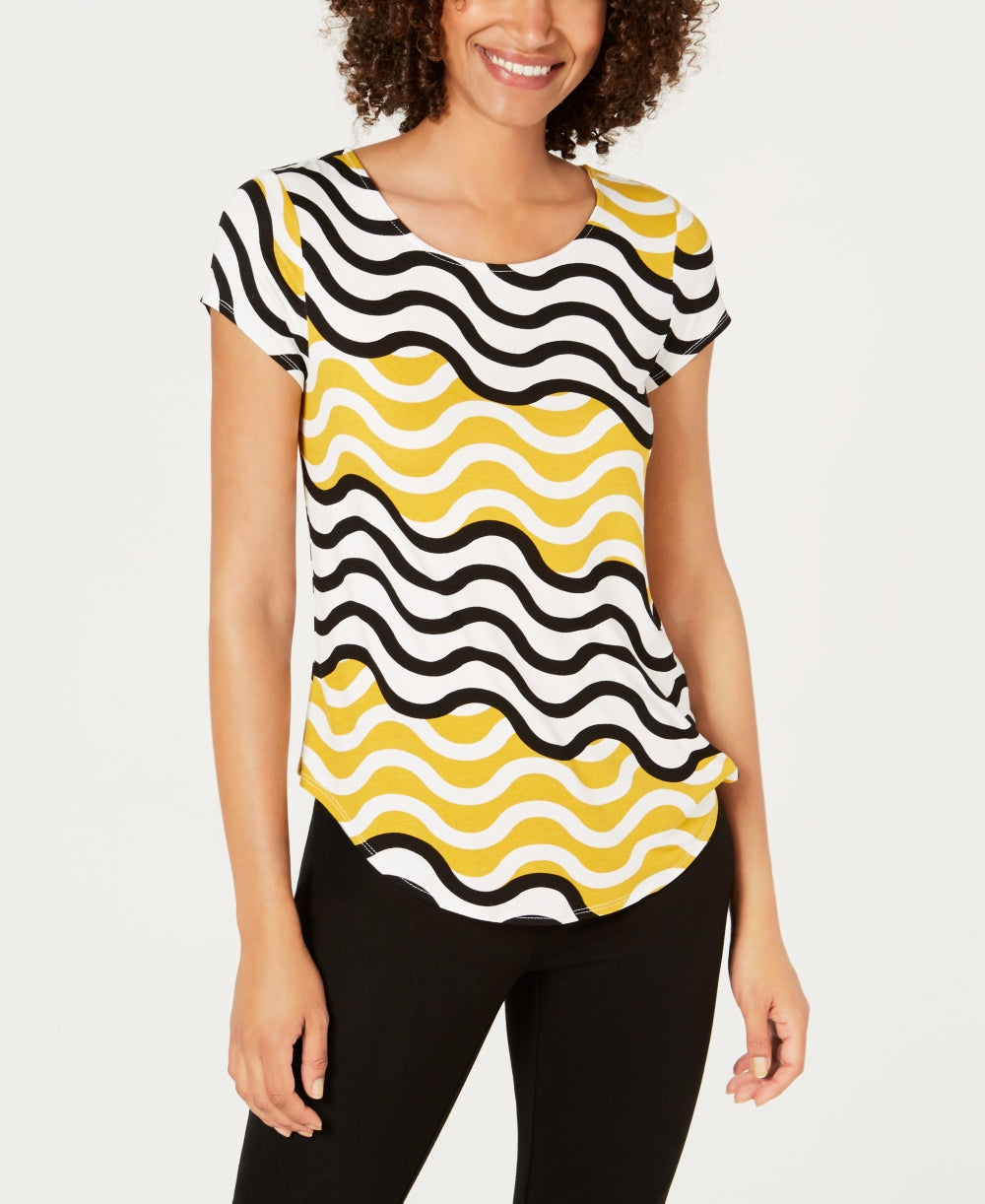 Alfani Women's Printed Round Hem T Shirt Yellow Size Petite Small